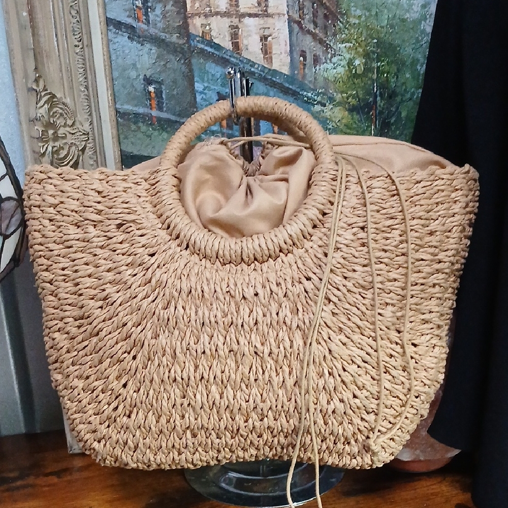 Elegant Tan Woven Tote Bag W Drawstring Lined